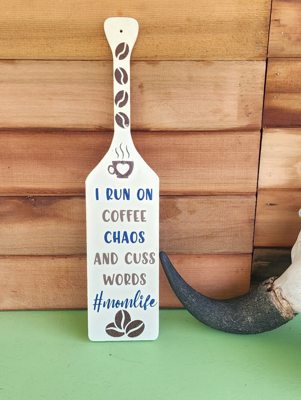Hand Painted Coffee Chaos and Cuss Words Wood Paddle Sign Momlife